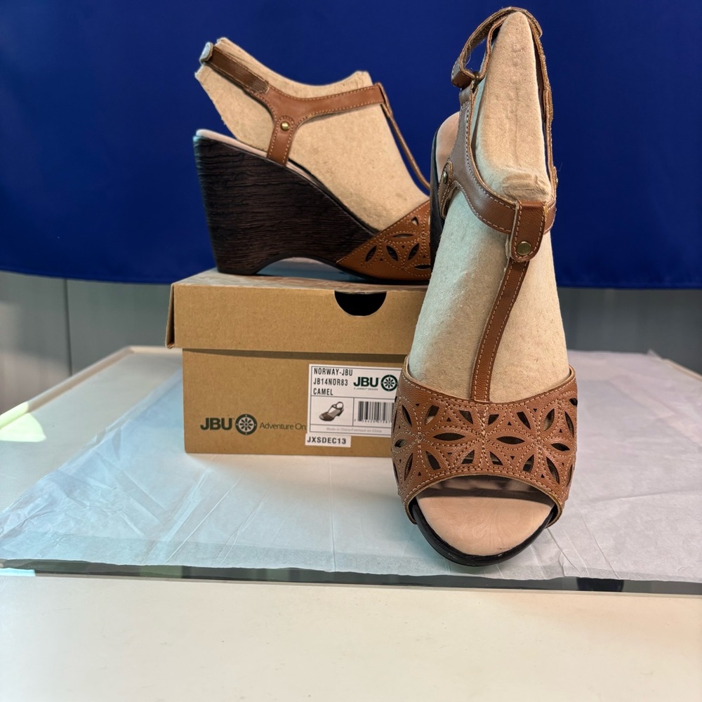 JBU Tan Camel T strap Wedge Sandals with Laser-Cut Design